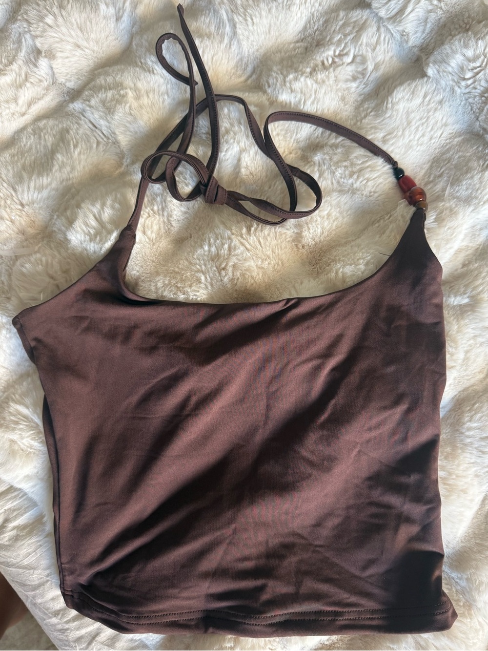 Brown Halter Tie Top with Bead Accent
